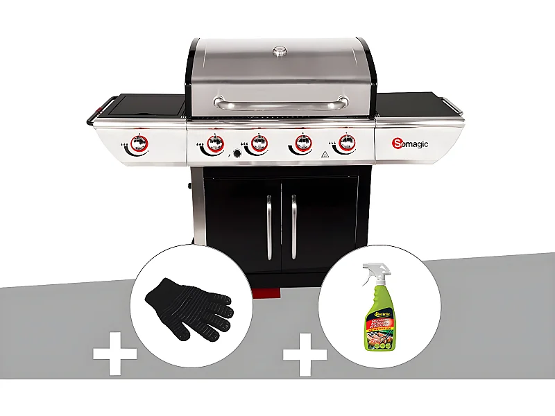 Barbecue à gaz avec chariot Manhattan 450GPI + plancha + Gant de protection + Dégraissant pour barbecue