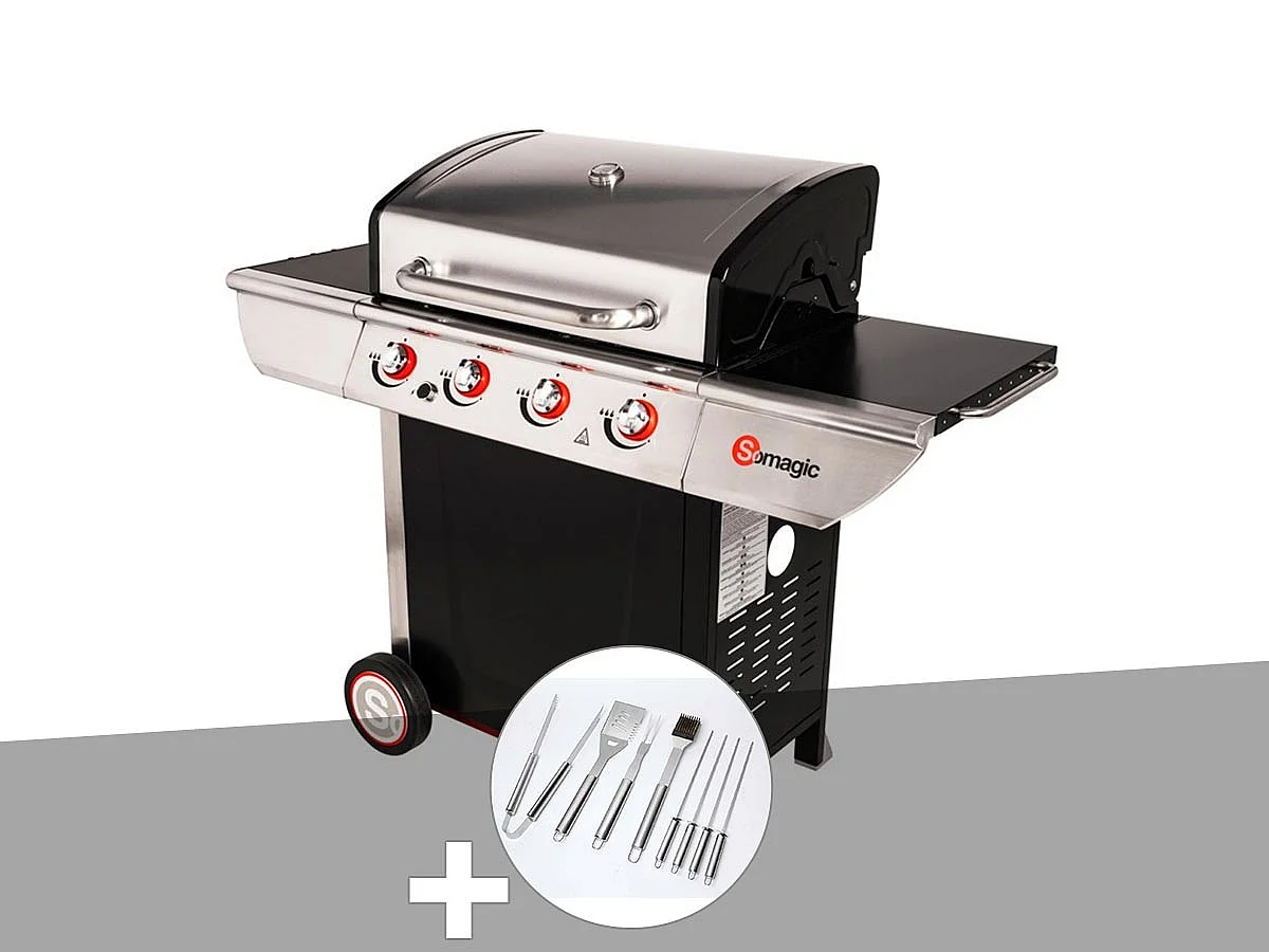 Barbecue à gaz avec chariot Manhattan 450GPI + plancha + Malette de 8 accessoires inox