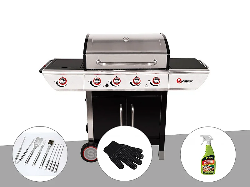 Barbecue à gaz avec chariot Manhattan 450GPI + plancha + Malette de 8 accessoires inox + Gant de protection + Dégraissant pour barbecue