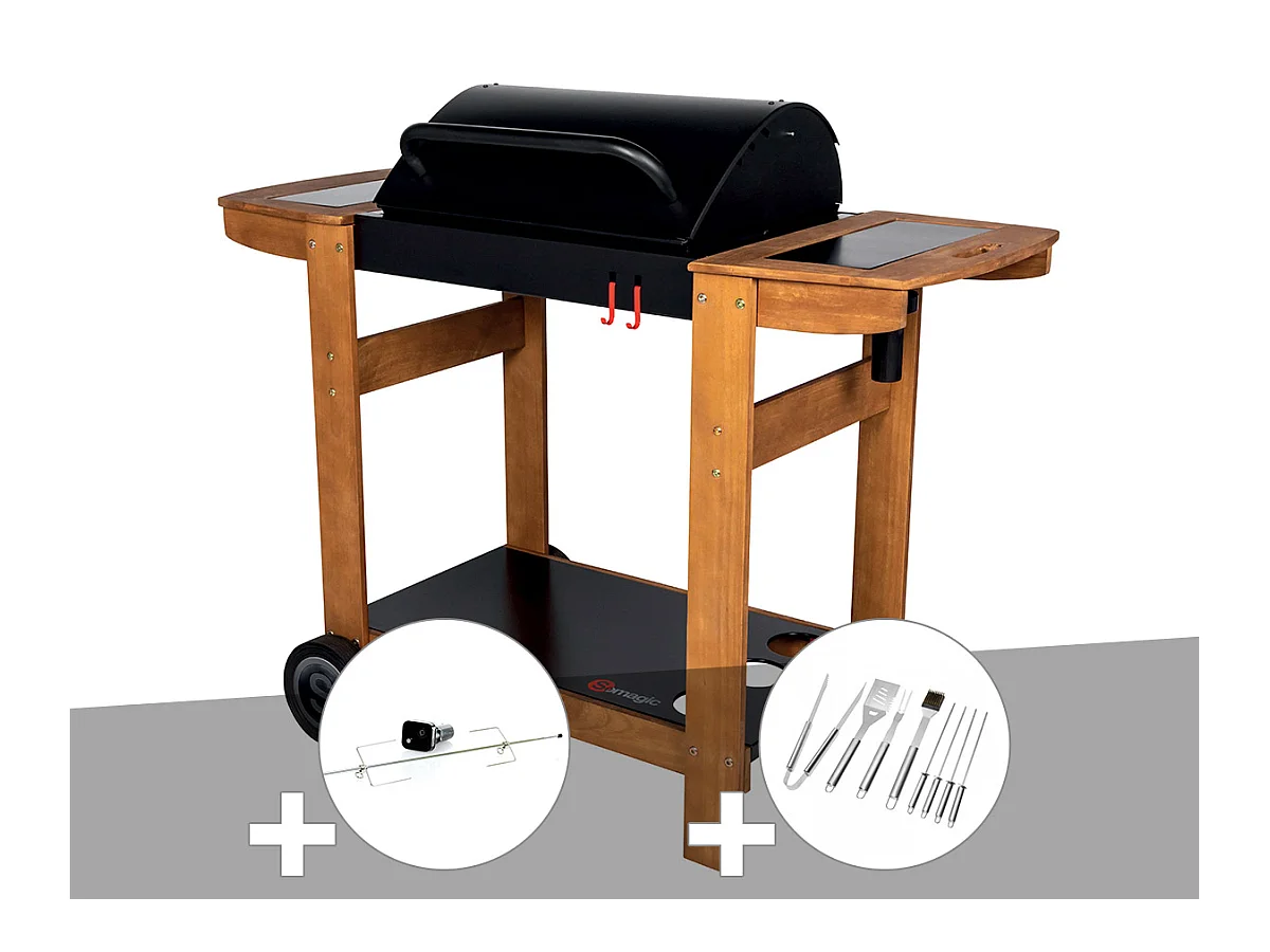 Barbecue à charbon Indiana + Kit tournebroche + Malette 8 accessoires