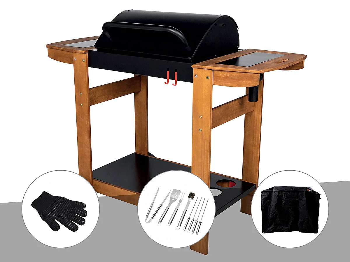 Barbecue à charbon Indiana + Gant + Malette 8 accessoires + Housse