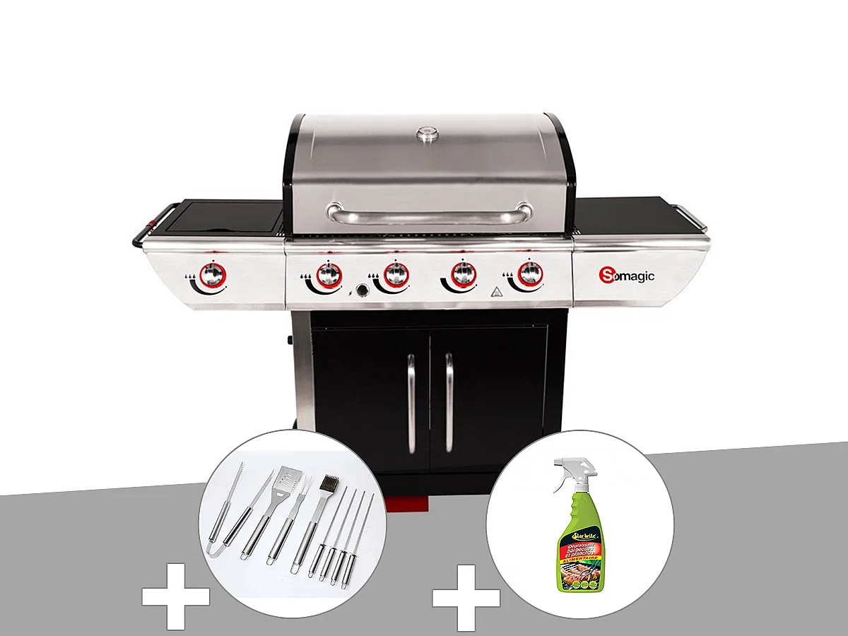 Barbecue à gaz avec chariot Manhattan 450GPI + plancha + Malette de 8 accessoires inox + Dégraissant pour barbecue