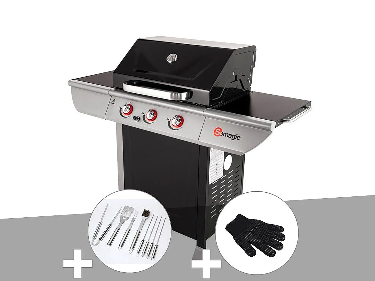 Barbecue à gaz avec chariot 3 brûleurs Manhattan 300S - Somagic + Malette de 8 accessoires inox + Gant de protection