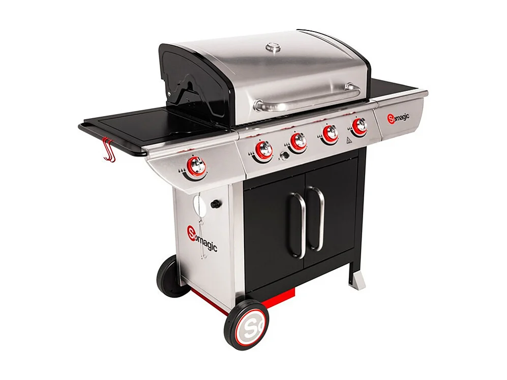 Barbecue à gaz avec chariot Manhattan 450GPI, 4 brûleurs, 1 réchaud latéral et plancha - Somagic