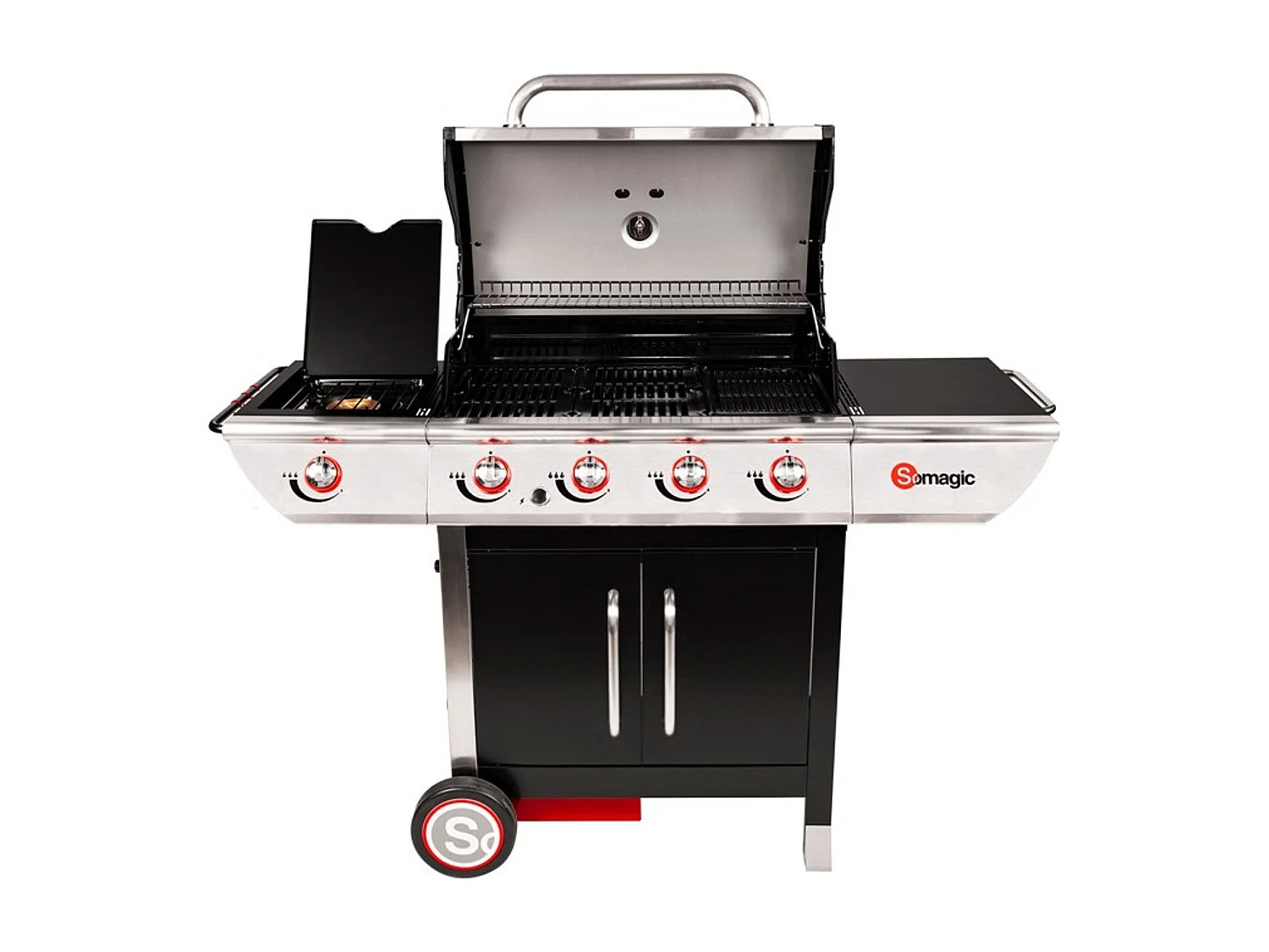 Barbecue à gaz avec chariot Manhattan 450GPI, 4 brûleurs, 1 réchaud latéral et plancha - Somagic