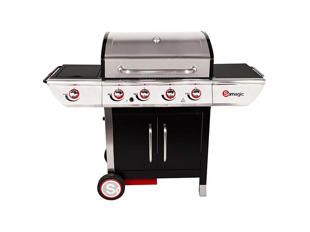 Barbecue à gaz avec chariot Manhattan 450GPI, 4 brûleurs, 1 réchaud latéral et plancha - Somagic