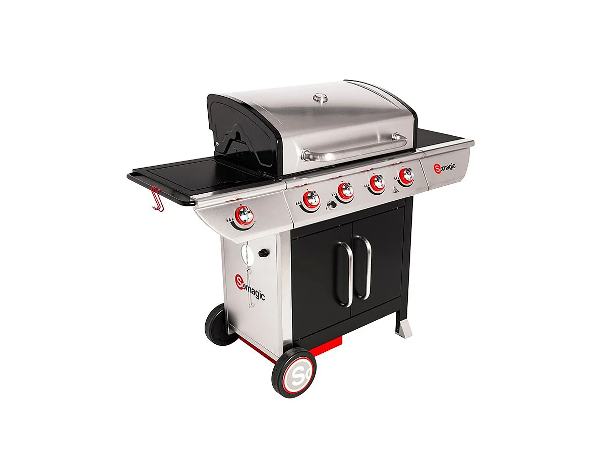 Barbecue à gaz avec chariot Manhattan 450GPI, 4 brûleurs, 1 réchaud latéral et plancha - Somagic