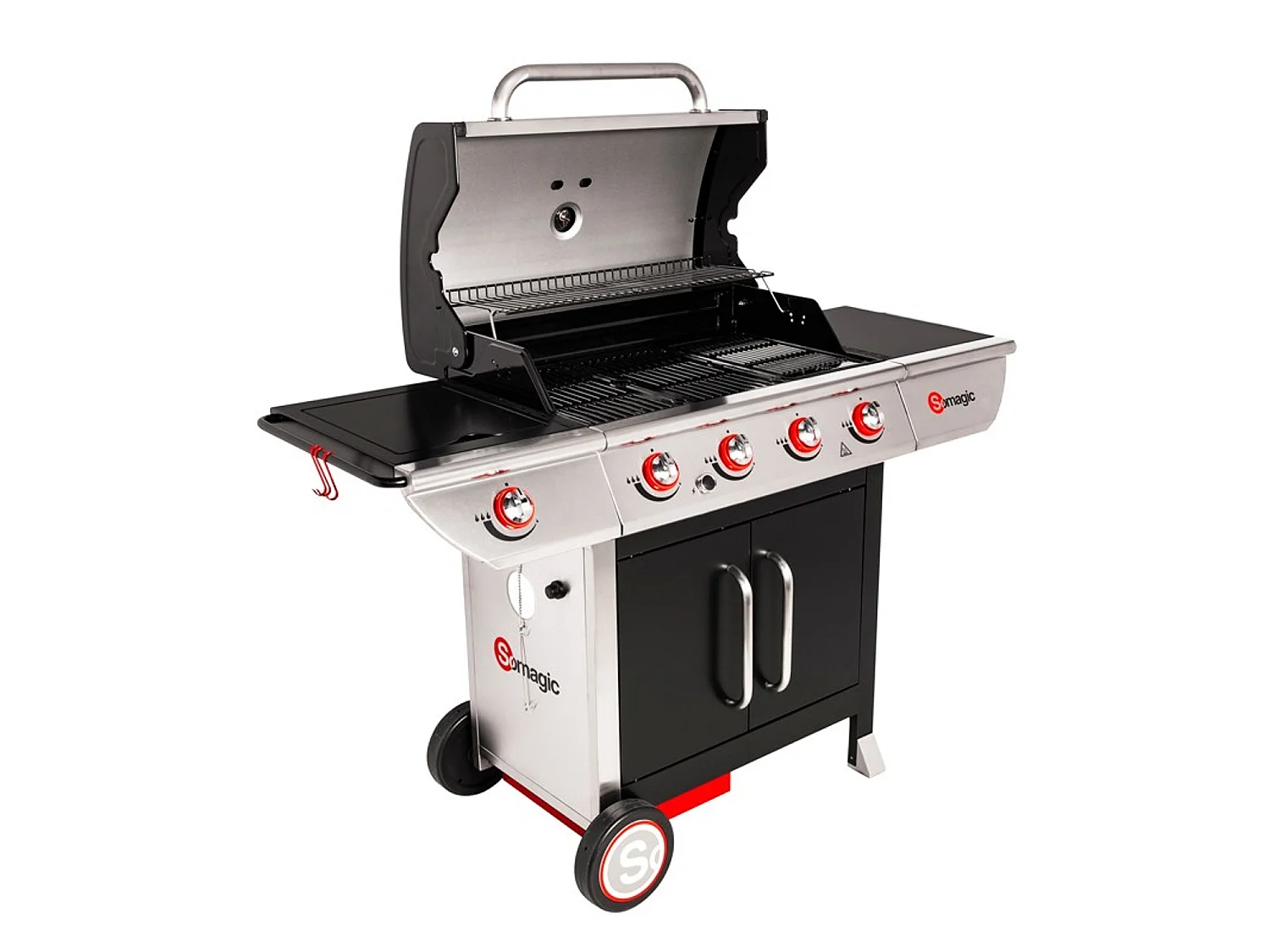 Barbecue à gaz avec chariot Manhattan 450GPI, 4 brûleurs, 1 réchaud latéral et plancha - Somagic