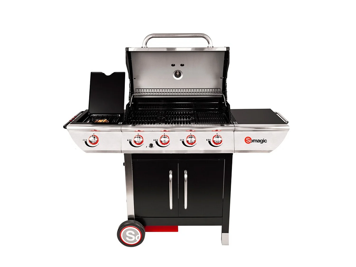 Barbecue à gaz avec chariot Manhattan 450GPI, 4 brûleurs, 1 réchaud latéral et plancha - Somagic