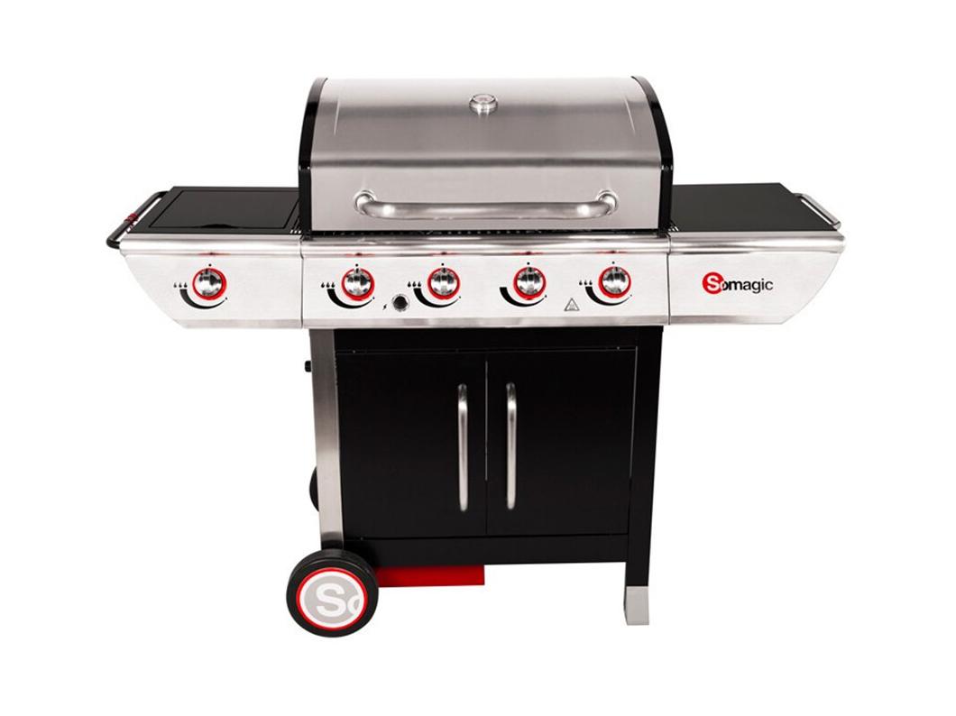 Barbecue à gaz avec chariot Manhattan 450GPI, 4 brûleurs, 1 réchaud latéral et plancha - Somagic