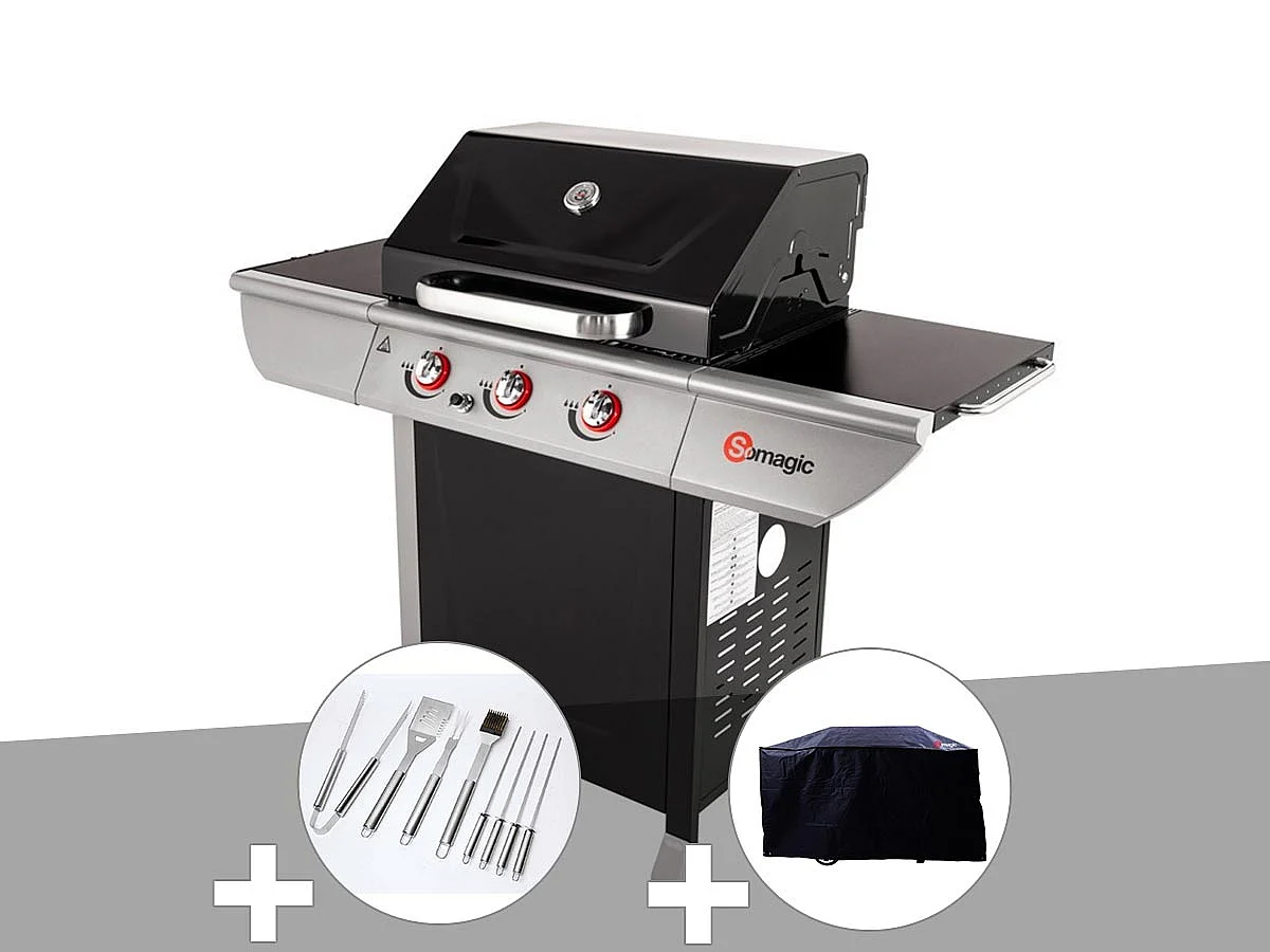 Barbecue à gaz avec chariot 3 brûleurs Manhattan 300S - Somagic + Malette de 8 accessoires inox + Housse de protection
