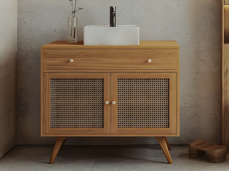 Meuble de salle de bain en teck clair et cannage avec vasque en céramique - 90 cm - MANSULAN