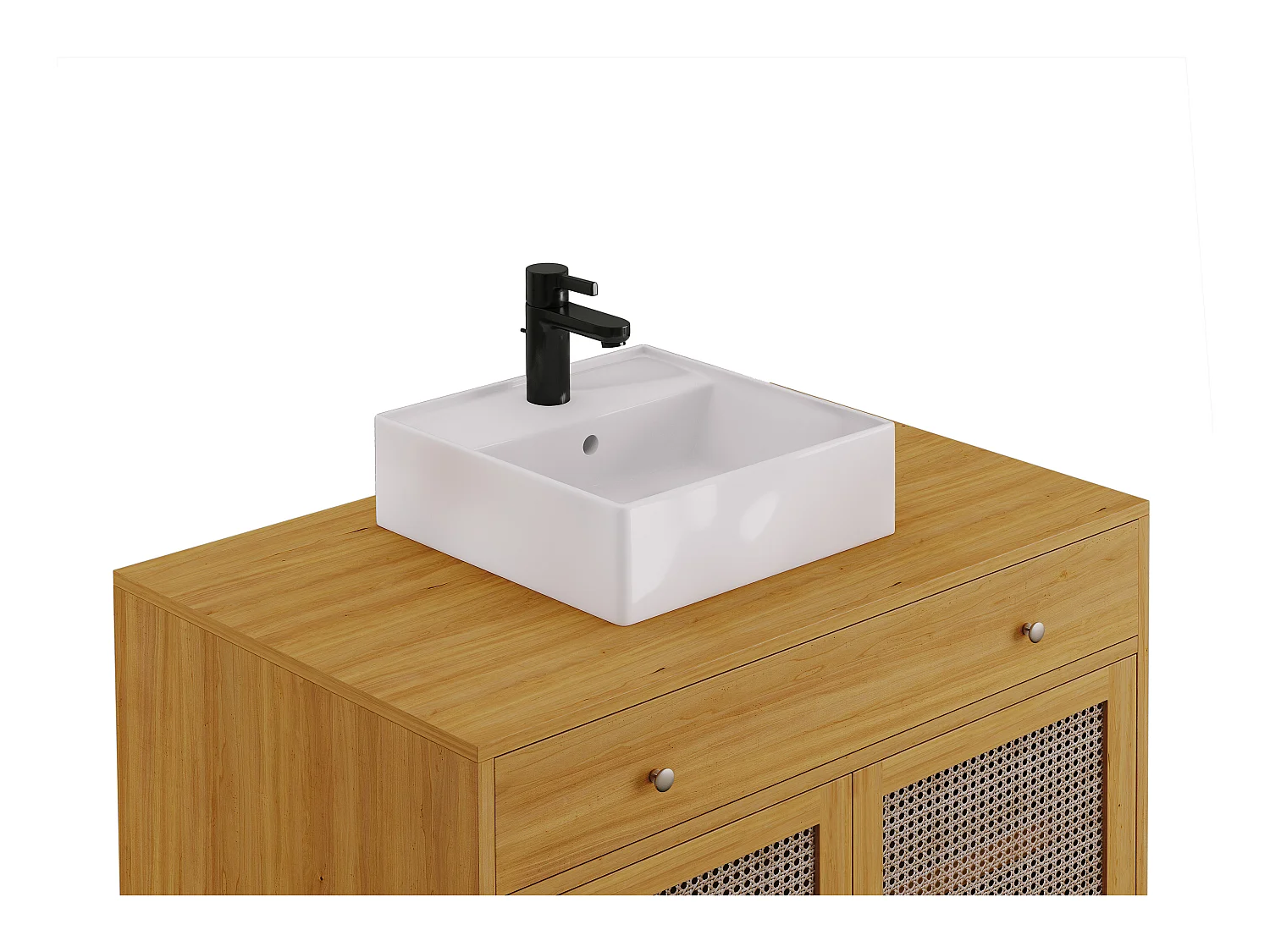 Meuble de salle de bain en teck clair et cannage avec vasque en céramique - 90 cm - MANSULAN