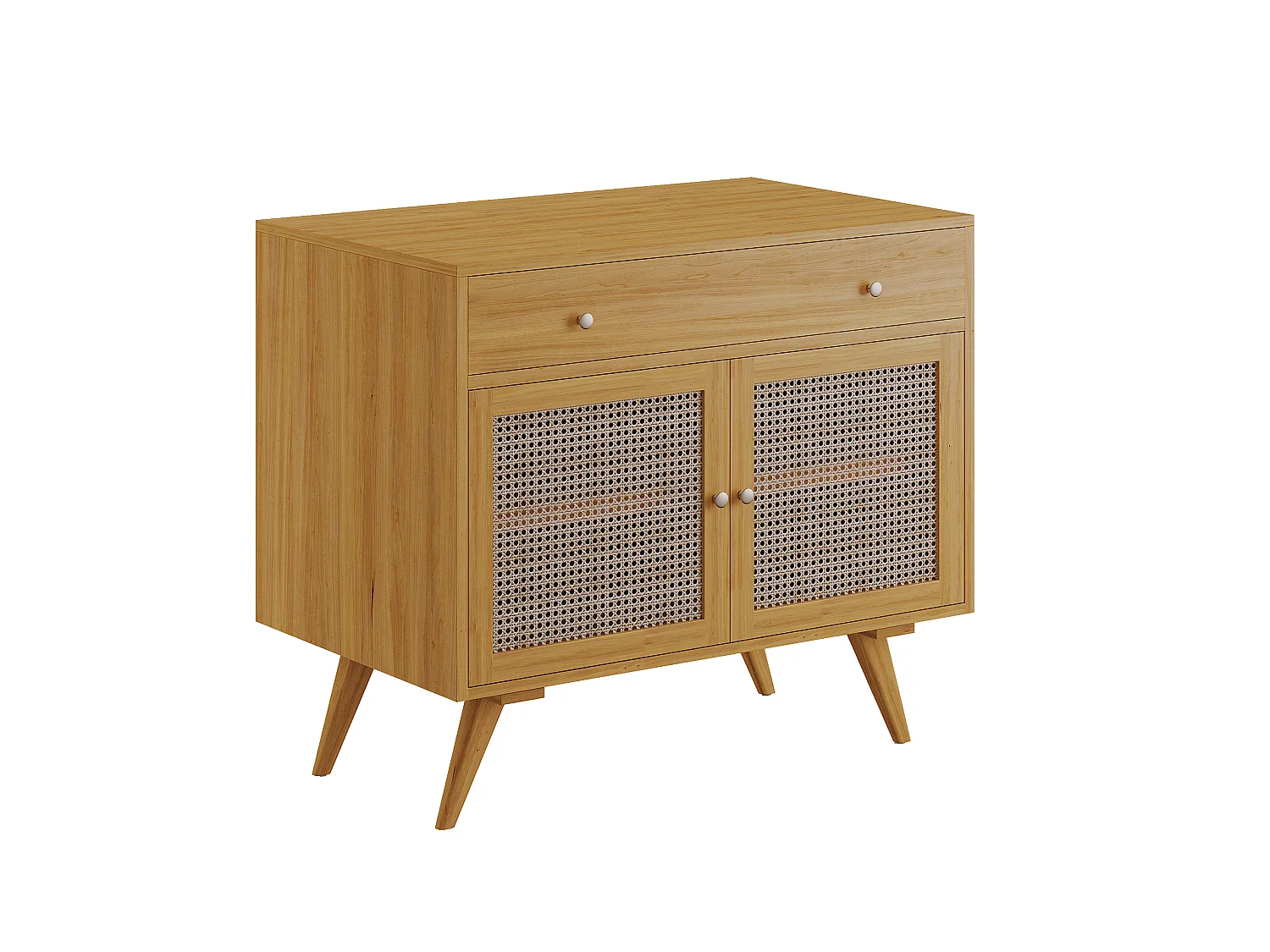 Meuble de salle de bain en teck clair et cannage avec vasque en céramique - 90 cm - MANSULAN