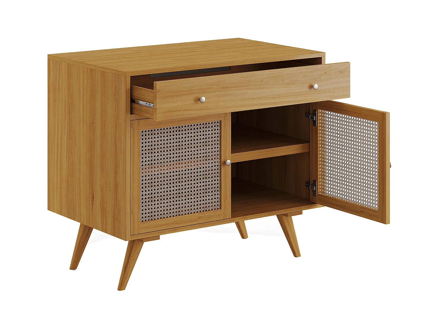 Meuble de salle de bain en teck clair et cannage avec vasque en céramique - 90 cm - MANSULAN