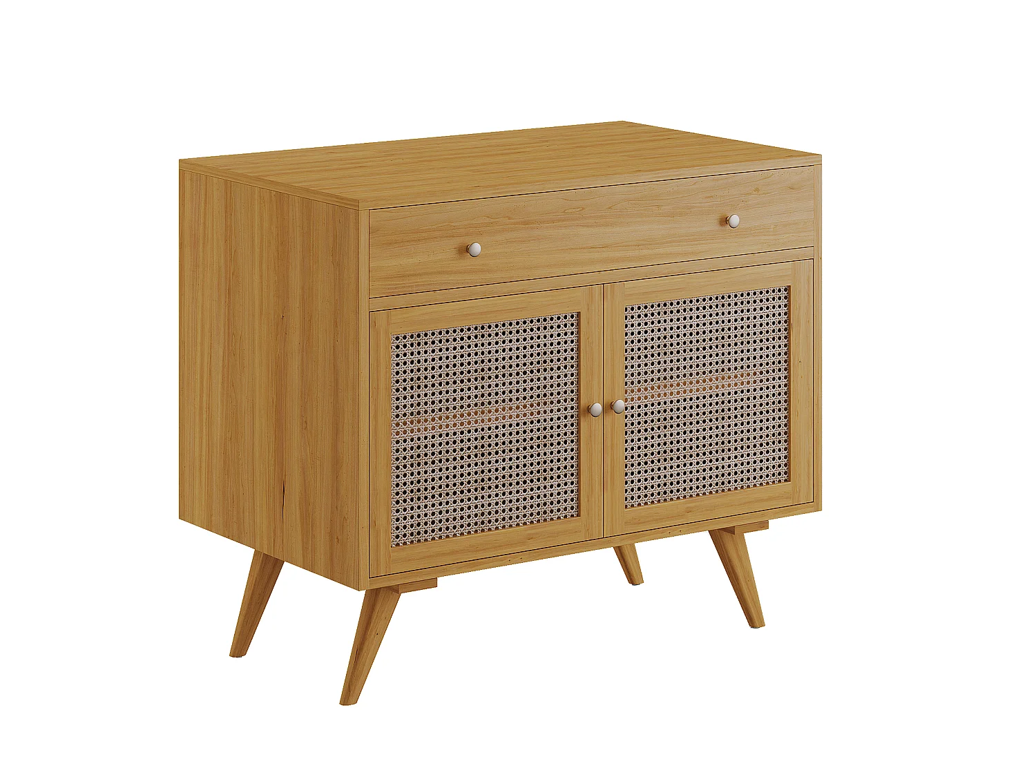 Meuble de salle de bain en teck clair et cannage avec vasque en céramique - 90 cm - MANSULAN