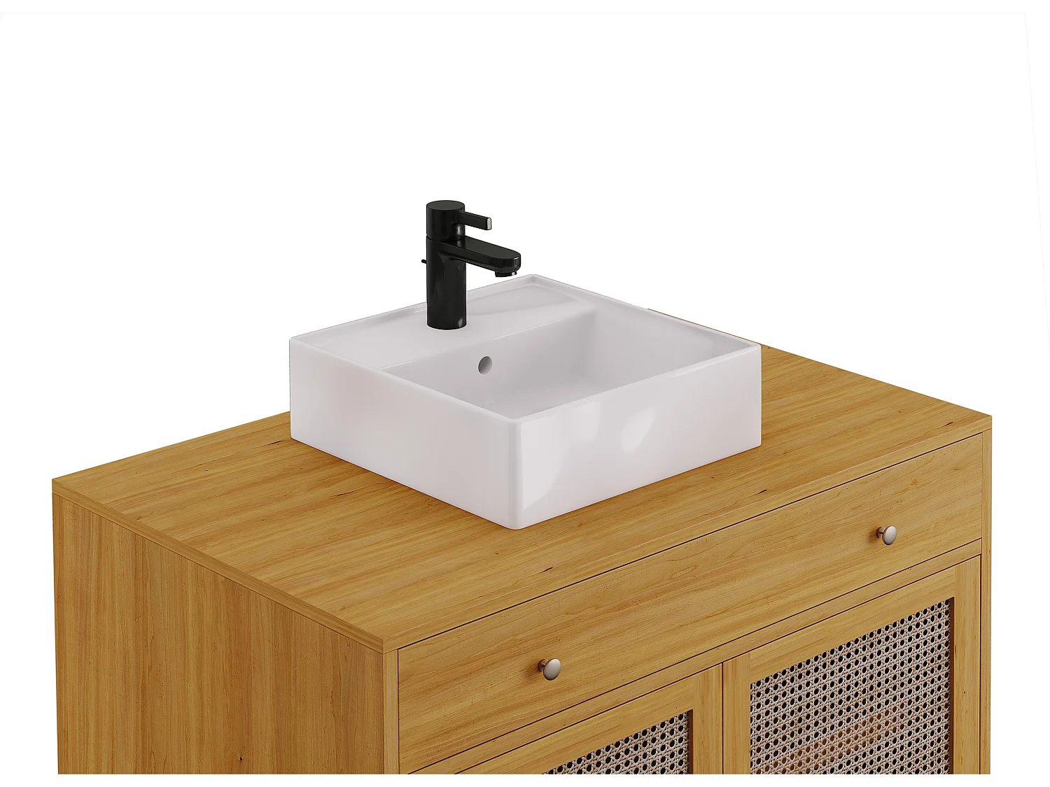 Meuble de salle de bain en teck clair et cannage avec vasque en céramique - 90 cm - MANSULAN