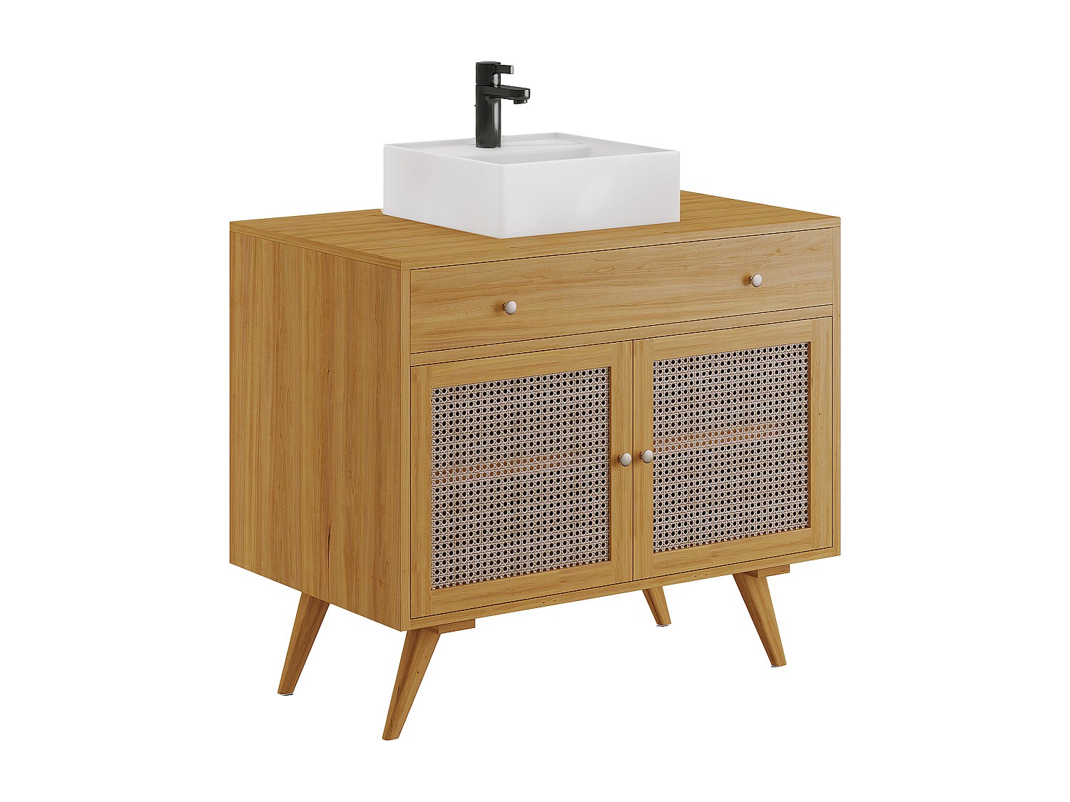 Badezimmerschrank mit Keramikwaschbecken -  helles Teakholz und Rattan - 90 günstig online kaufen