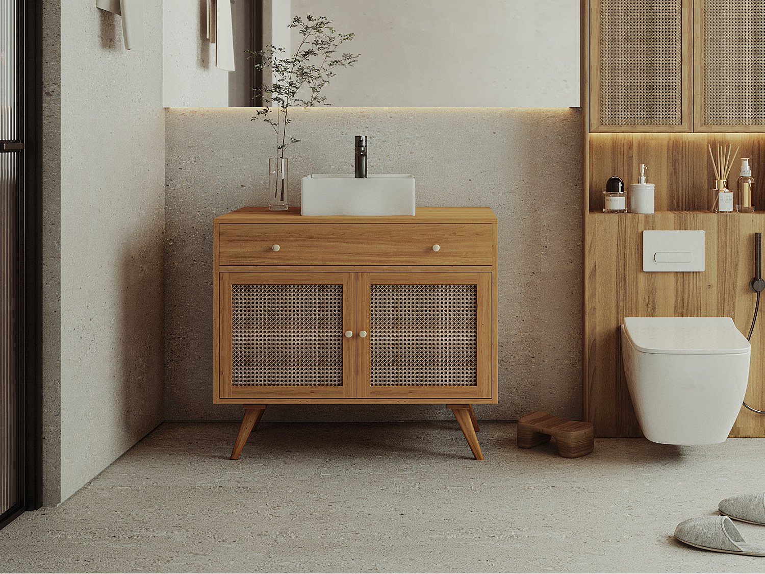 Badezimmerschrank mit Keramikwaschbecken -  helles Teakholz und Rattan - 90 günstig online kaufen