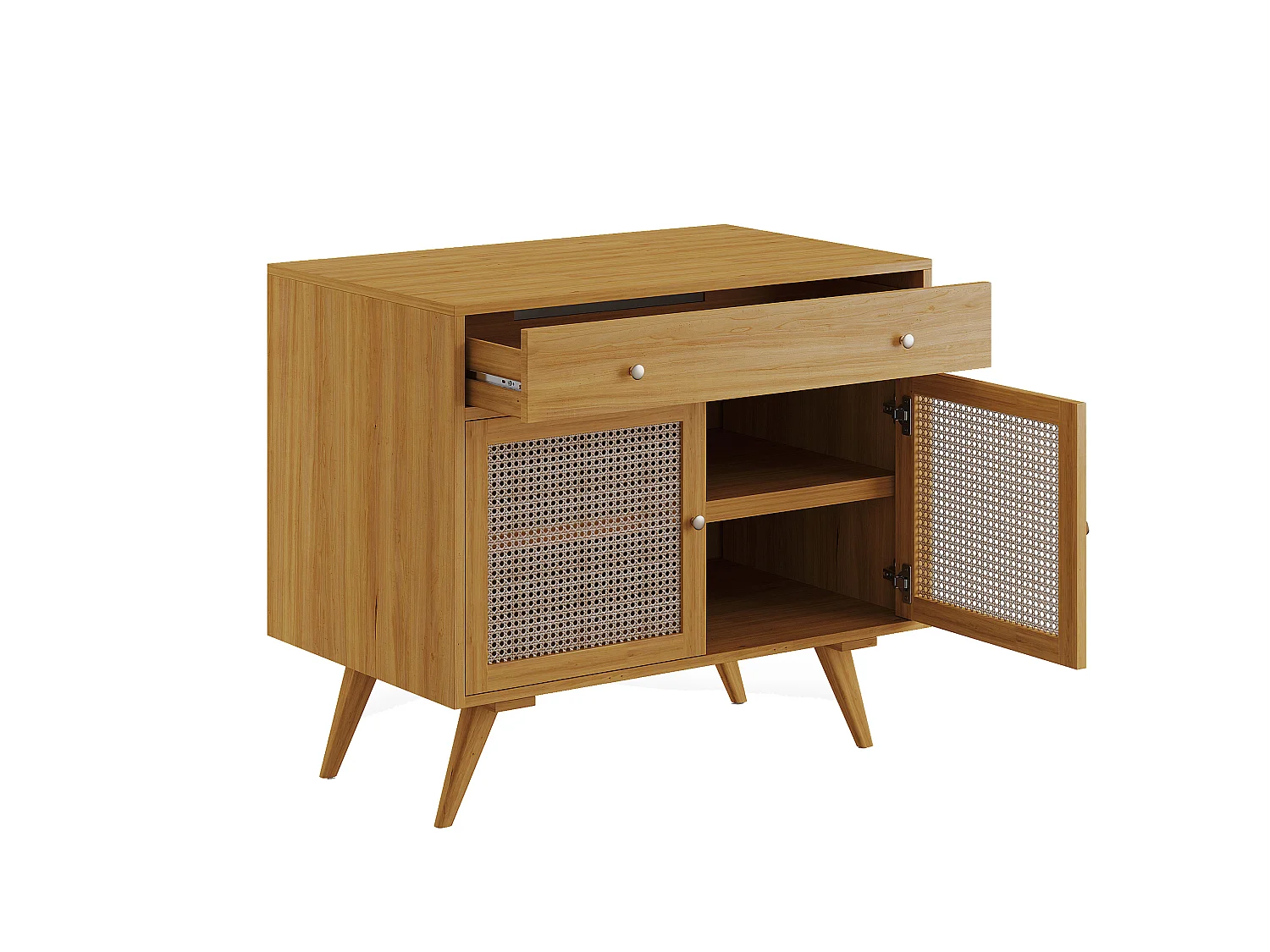 Meuble de salle de bain en teck clair et cannage avec vasque en pierre - 90 cm - MANSULAN