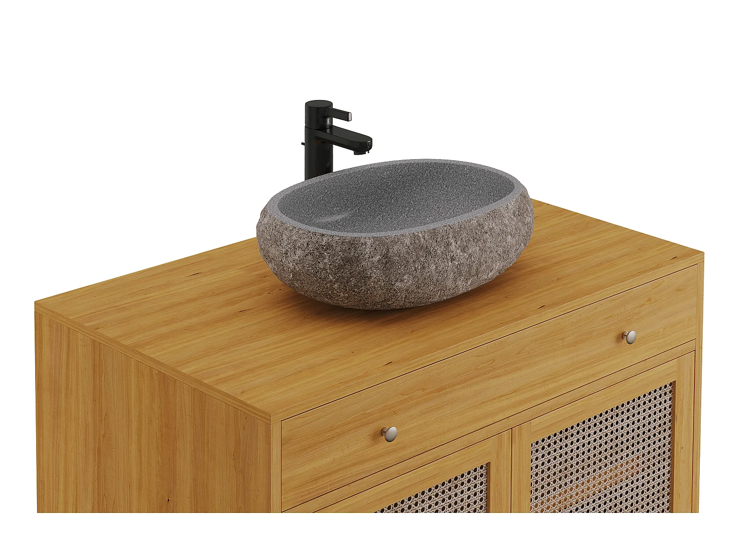 Meuble de salle de bain en teck clair et cannage avec vasque en pierre - 90 cm - MANSULAN