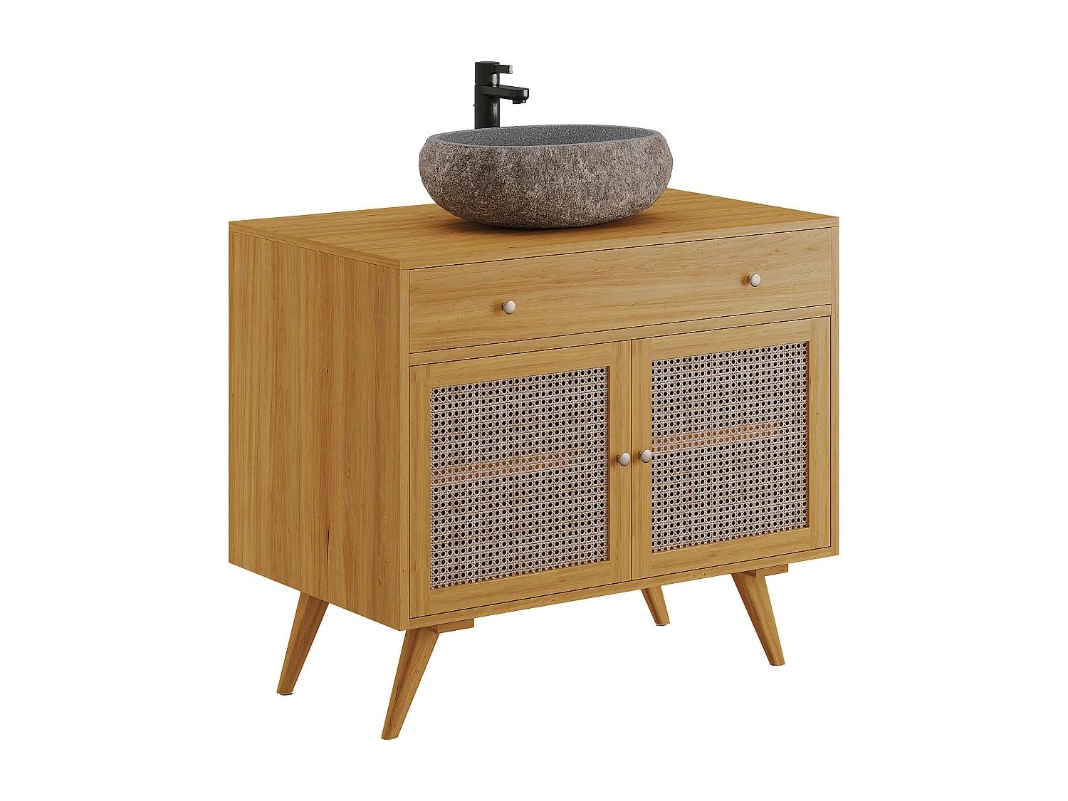 Meuble de salle de bain en teck clair et cannage avec vasque en pierre - 90 cm - MANSULAN