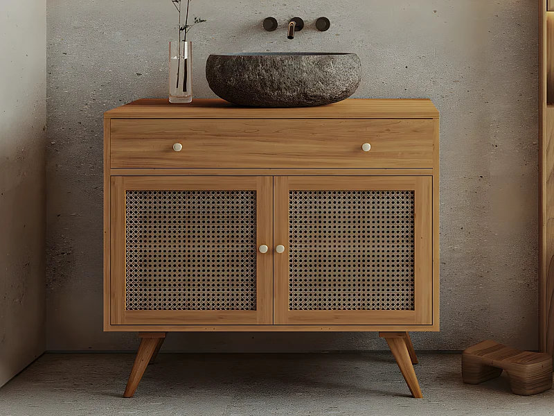 Mueble de baño de teca clara y enrejado con lavabo de piedra - 90 cm - MANSULAN