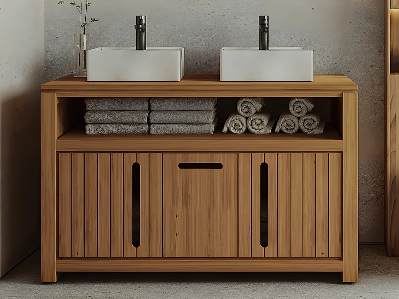 Meuble de salle de bain en teck clair avec double vasque carrée - 120 cm - SARATOK