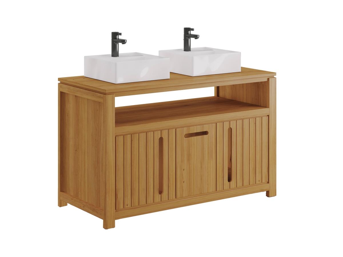 Badezimmermöbel - Helles Teakholz mit Doppelwaschbecken - 120 cm - SARATOK günstig online kaufen