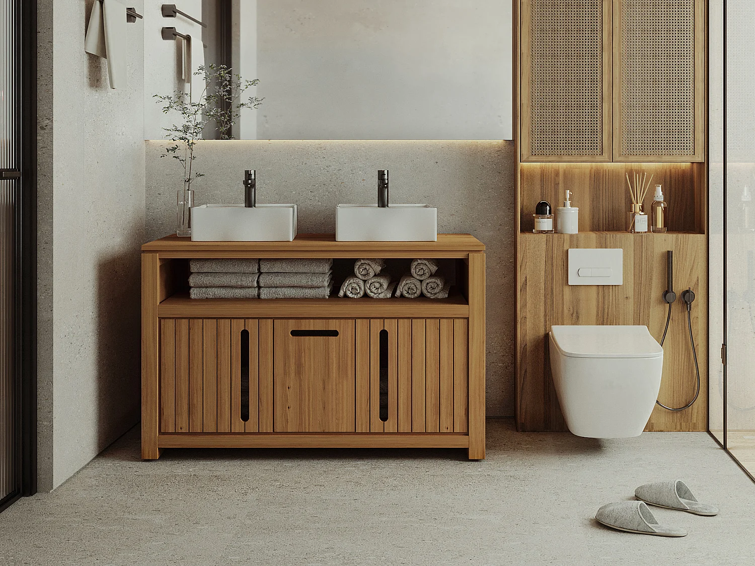 Móvel de casa de banho teca clara com lavatório duplo 120 cm - SARATOK