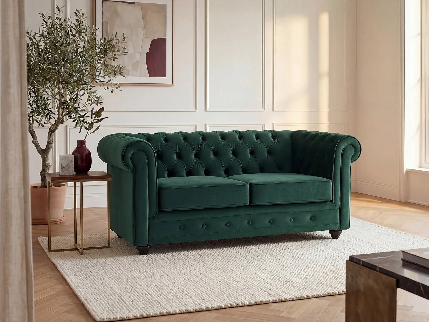 Canapé 2 places en velours vert CHESTERFIELD