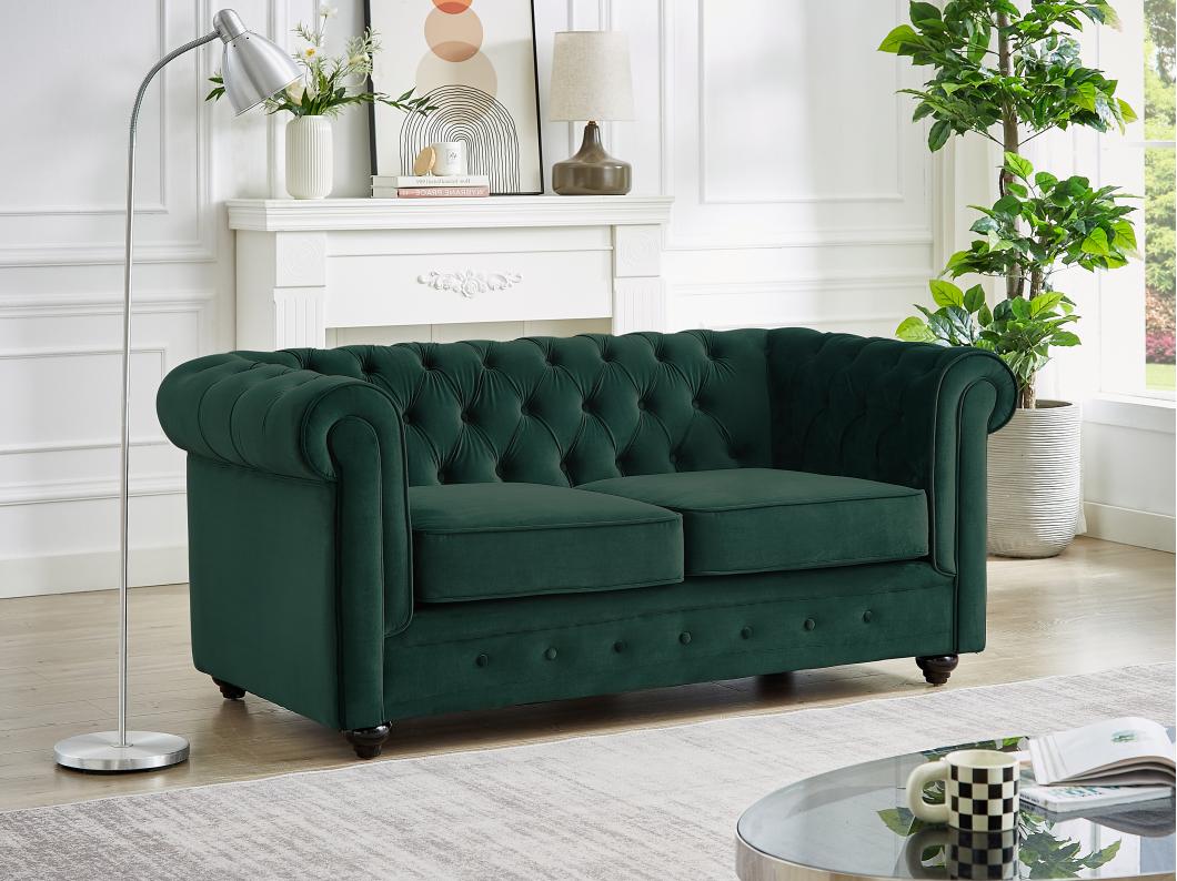 Tweezitsbank van groen velours CHESTERFIELD