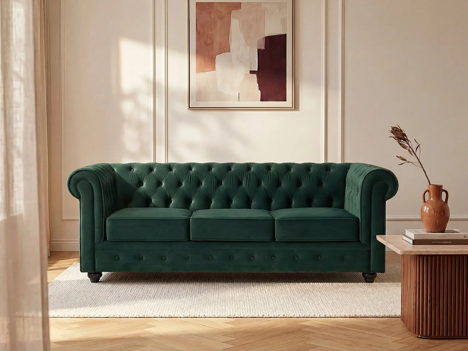 Canapé 3 places en velours vert CHESTERFIELD