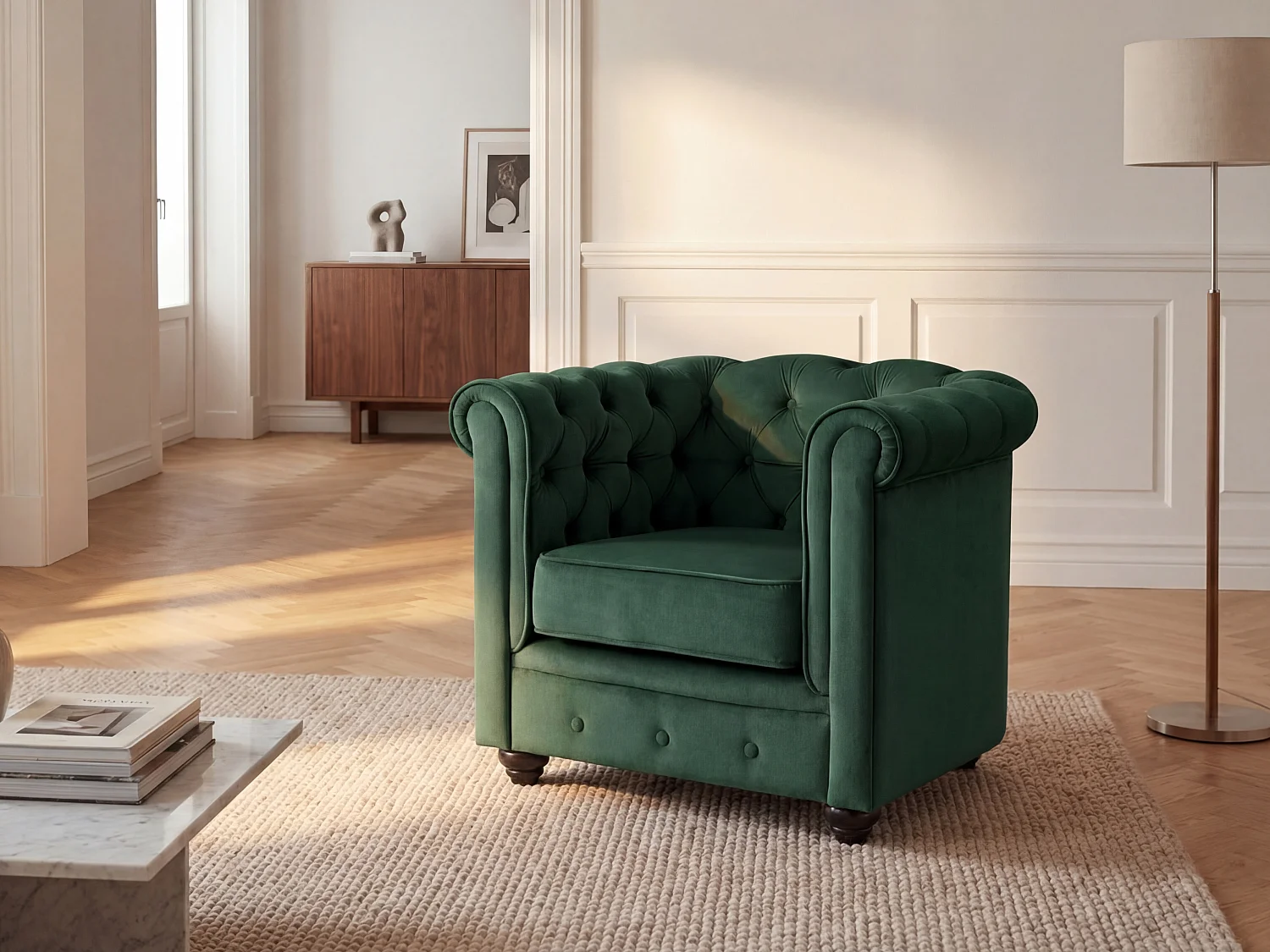 Fauteuil en velours vert CHESTERFIELD
