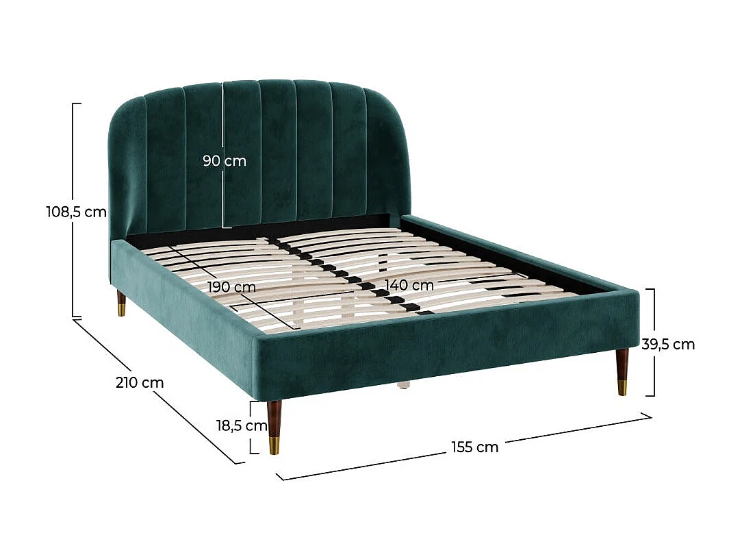 Lit double 140x190 cm en velours vert et pieds doré - Gala