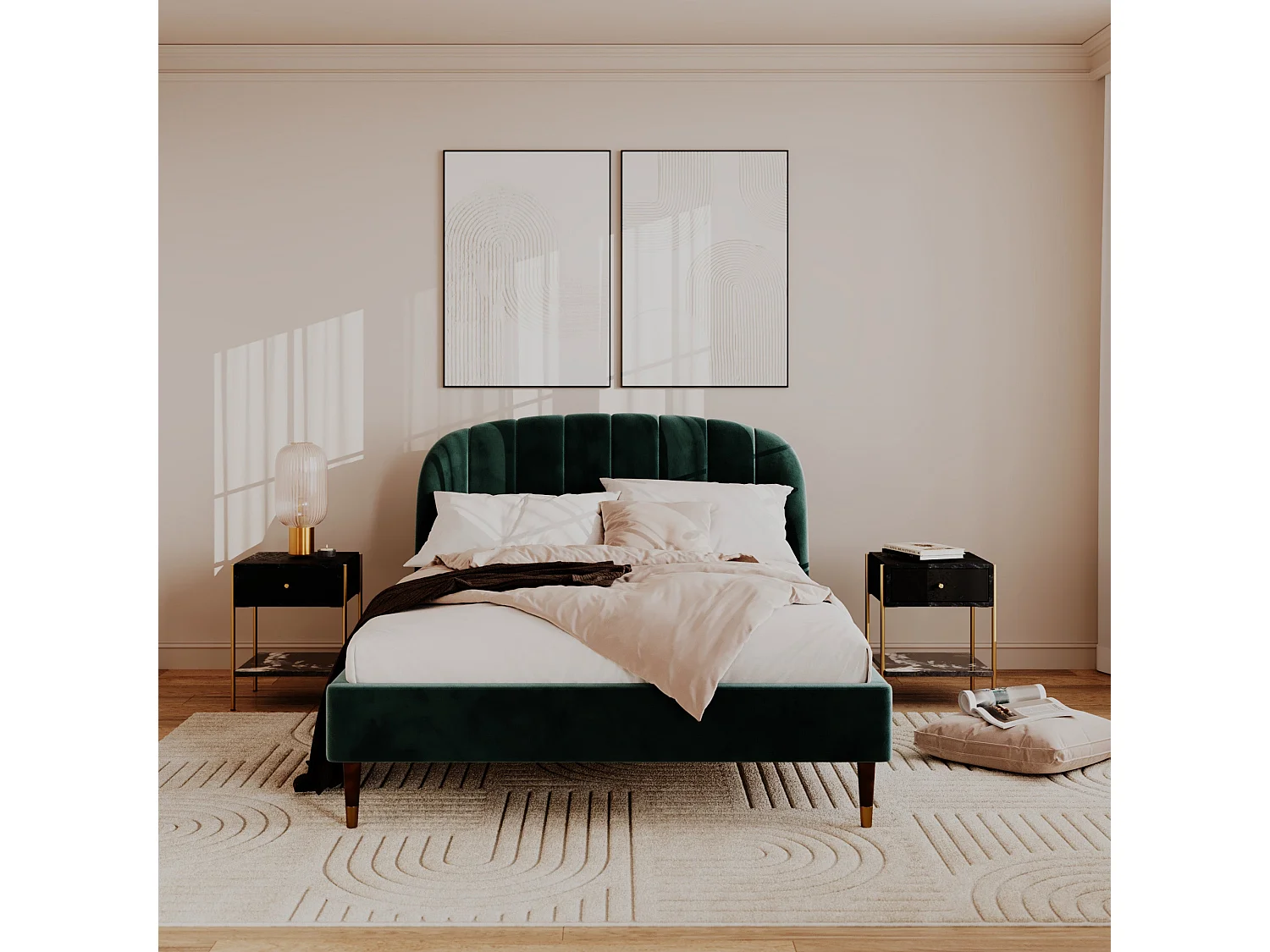 Lit double 140x190 cm en velours vert et pieds doré - Gala