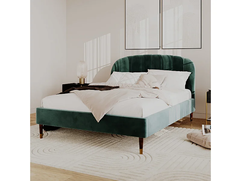 Letto matrimoniale 140x190 cm in velluto verde con piedini dorati - Gala