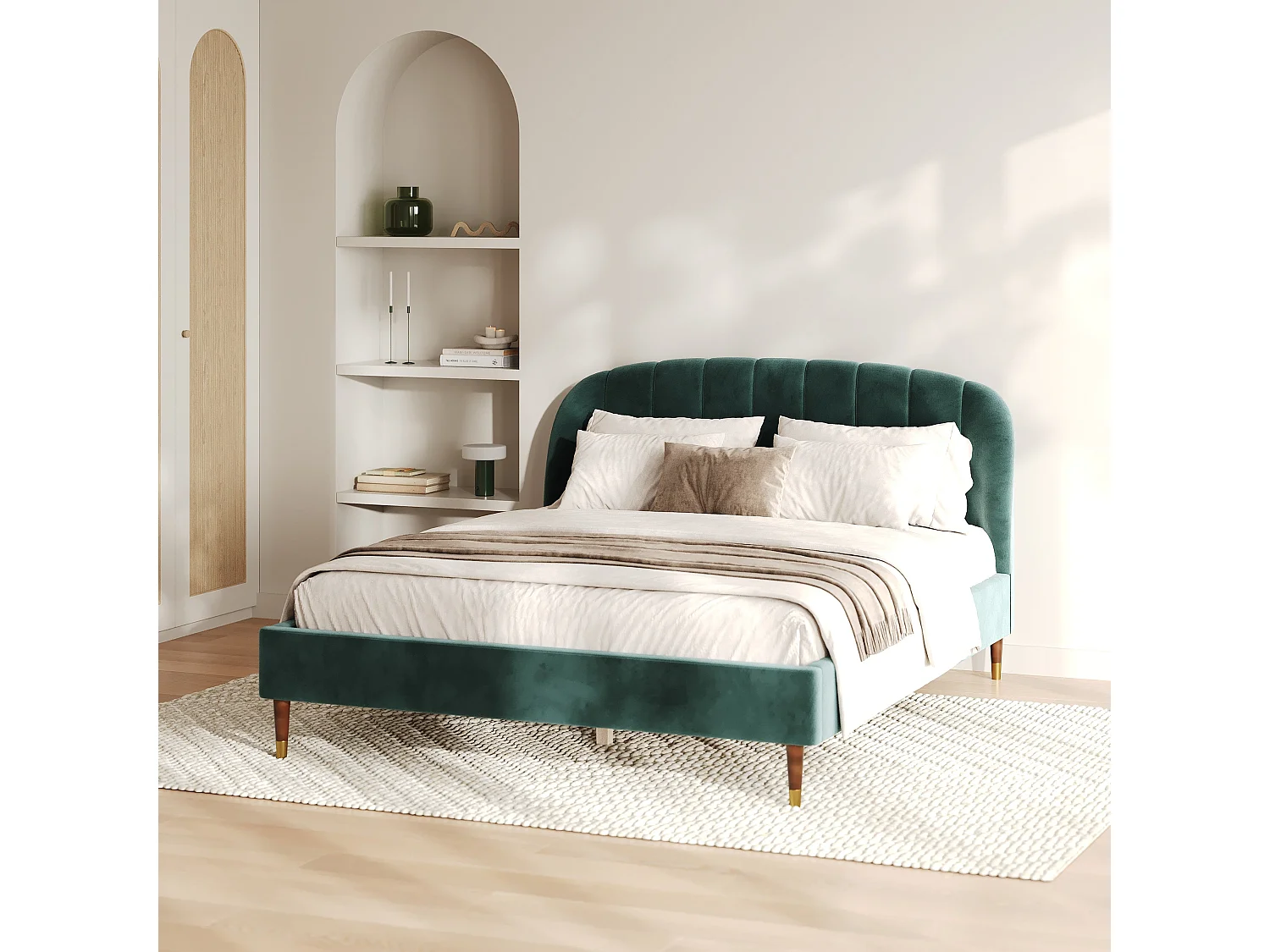 Lit double 160x200 cm en velours vert et pieds doré - Gala