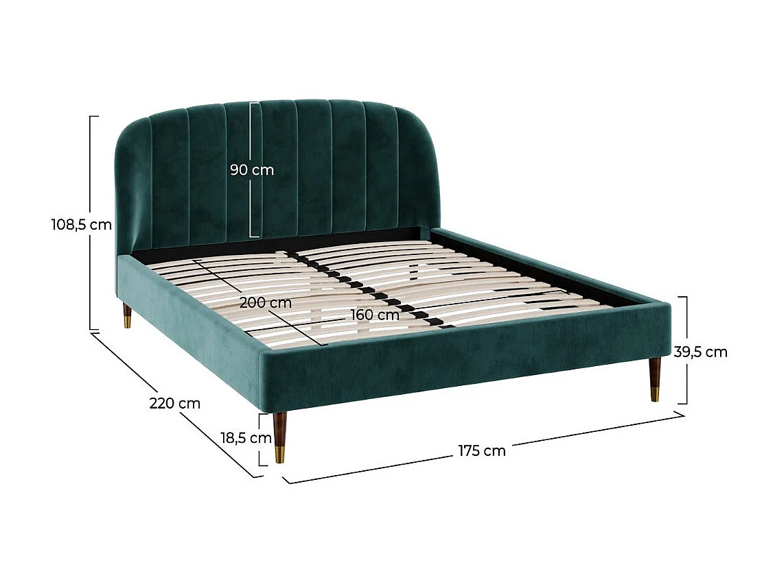Cama doble 160xx200 cm en terciopelo verde con pies dorados - Gala