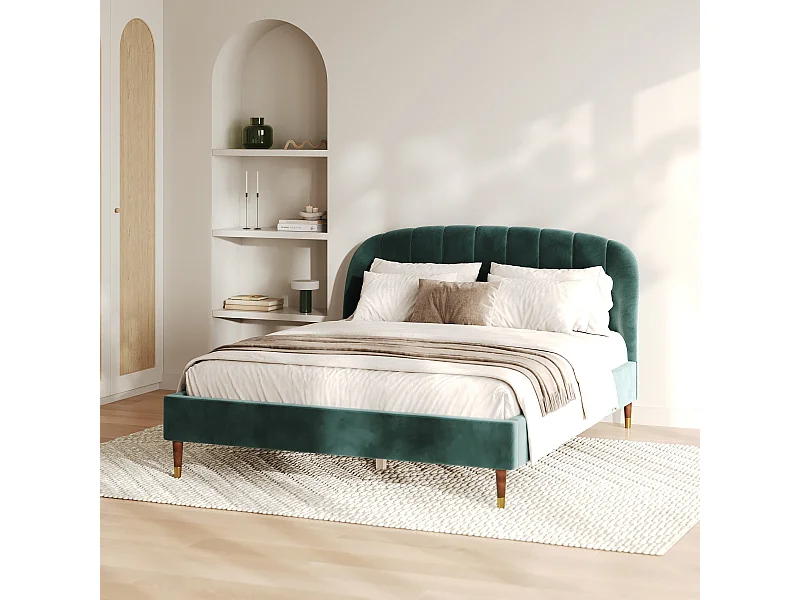 Lit double 160x200 cm en velours vert et pieds doré - Gala