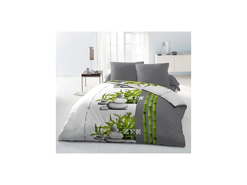 Parure de couette Microfibre ZENITUDE - 1 housse de couette 220x240 cm + 2 taies 63x63 cm - Gris et Blanc