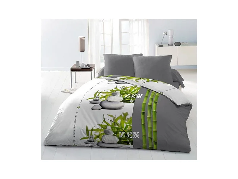 Parure de couette Microfibre ZENITUDE - 1 housse de couette 220x240 cm + 2 taies 63x63 cm - Gris et Blanc