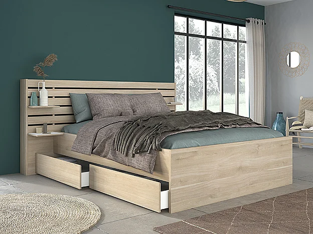 Lit 160 x 200 cm avec rangements - Coloris : Naturel - TENALIA II