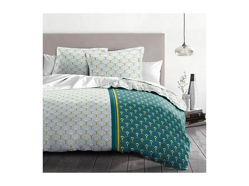 Parure de couette Rainbow - 1 housse de couette 220 x 240 cm + 2 taies 65 x 65 cm - Bleu-vert , curry et blanc
