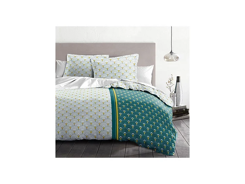 Parure de couette Rainbow - 1 housse de couette 220 x 240 cm + 2 taies 65 x 65 cm - Bleu-vert , curry et blanc
