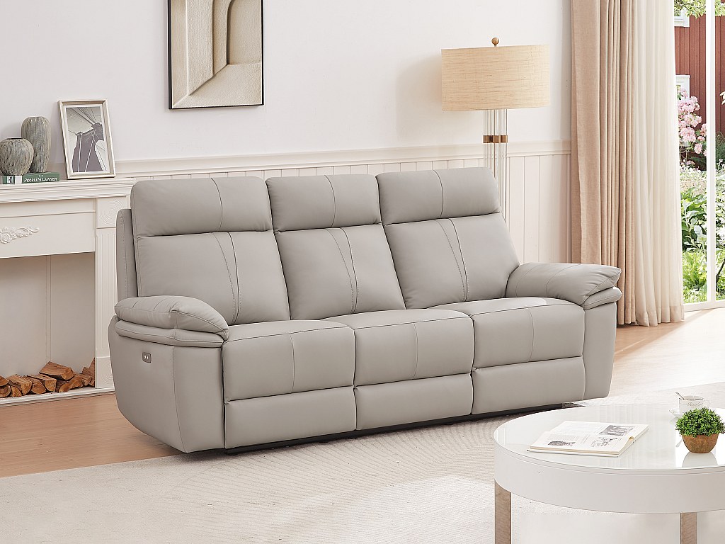 Relaxsofa 3-Sitzer elektrisch - Leder - Hellgrau - MESOLA