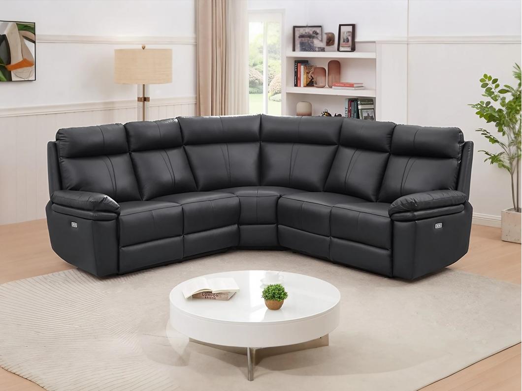 Canapé d'angle relax électrique en cuir noir MESOLA
