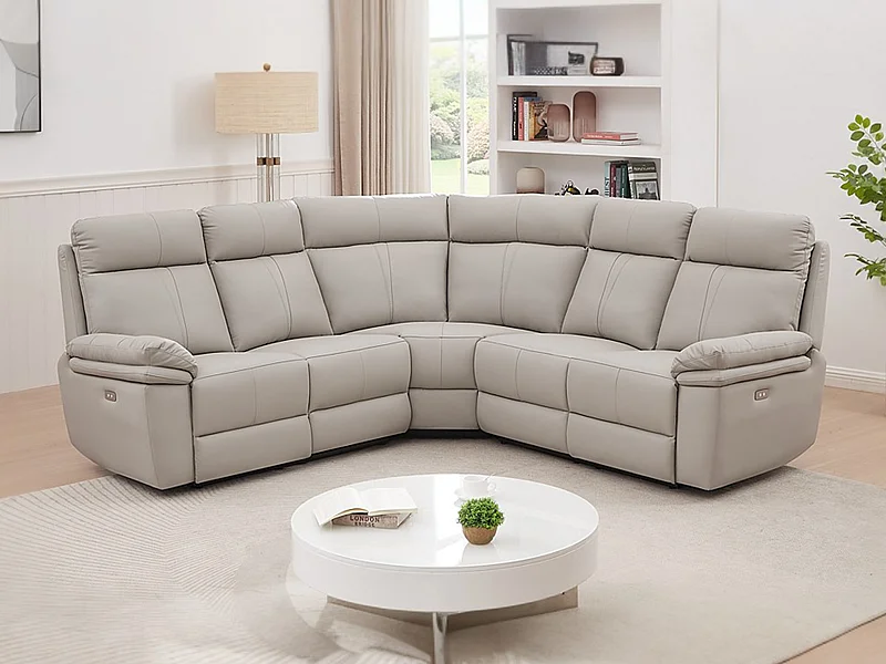 Ljusgrå elektrisk läderhörnsoffa MESOLA med relaxfunktion