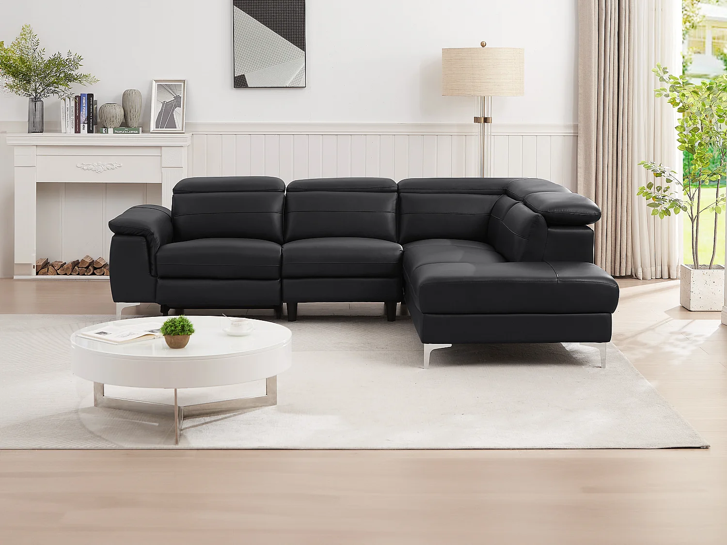 Canapé d'angle droit relax électrique en cuir noir FUSINO