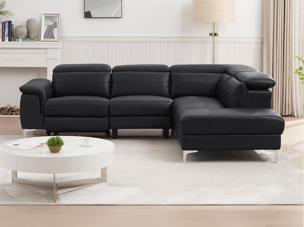 Canapé d'angle droit relax électrique en cuir noir FUSINO